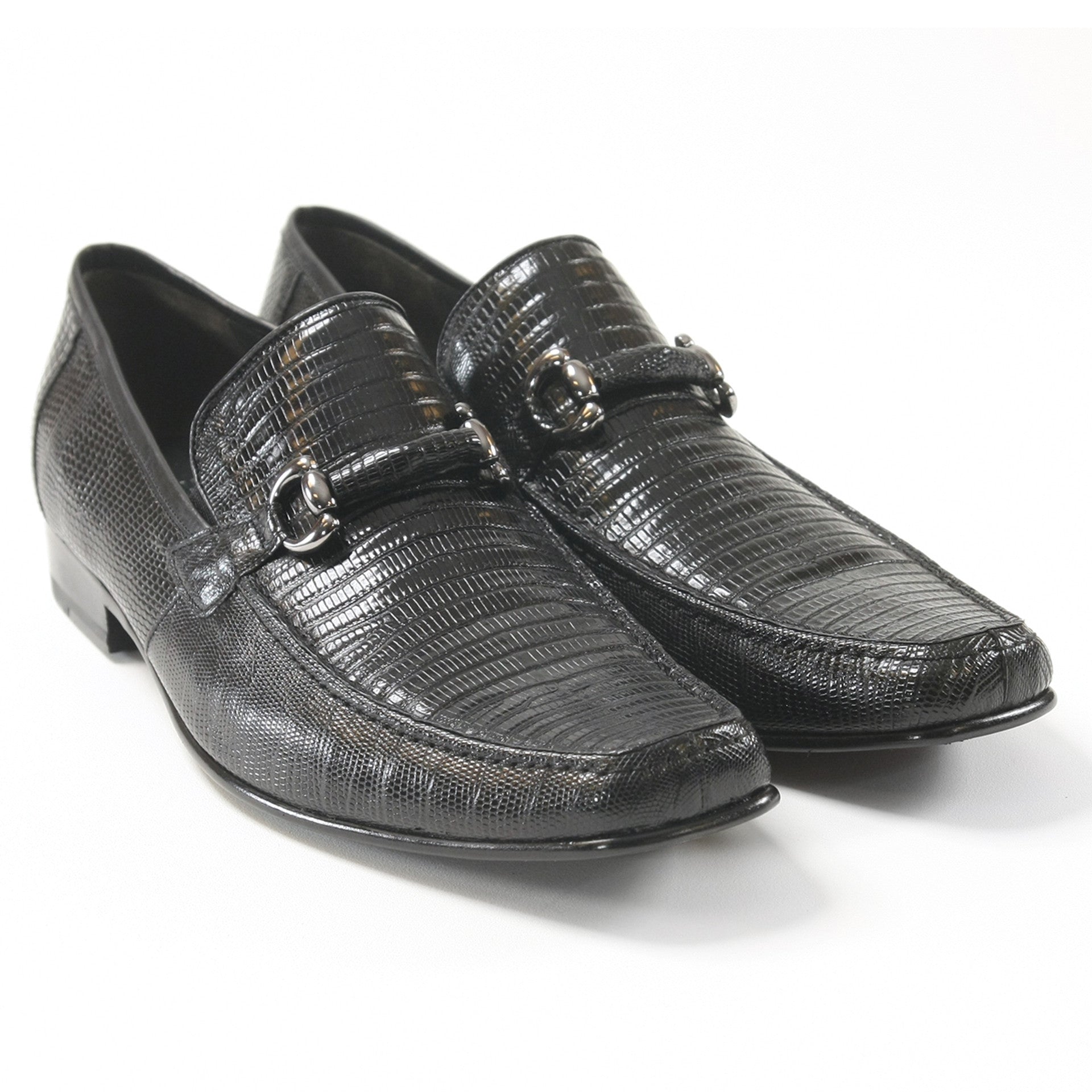 Black Teju Lizard Skin Slip-On Loafers by Los Altos