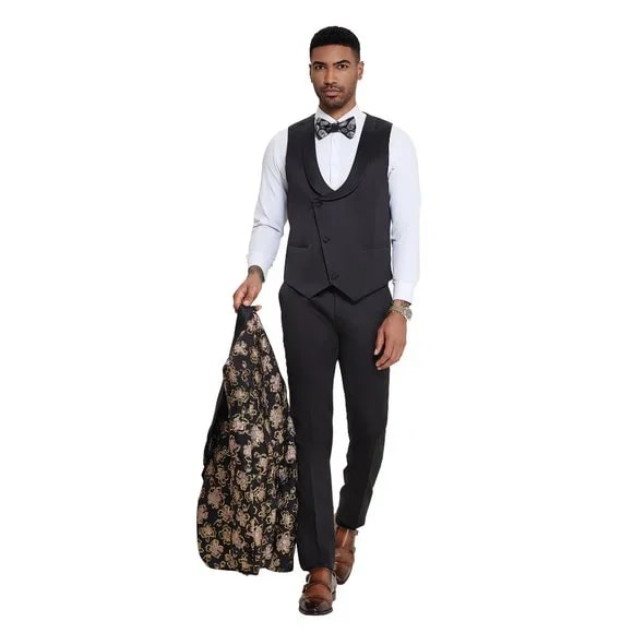 Black & Pink Shiny Floral 3pc Suit by Tazzio