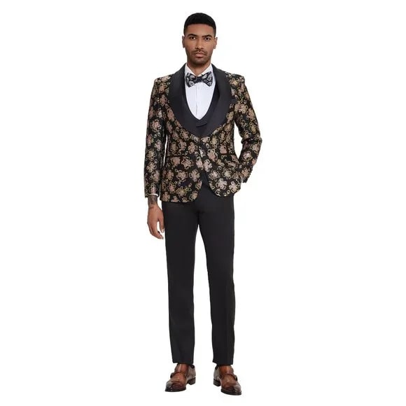 Black & Pink Shiny Floral 3pc Suit by Tazzio