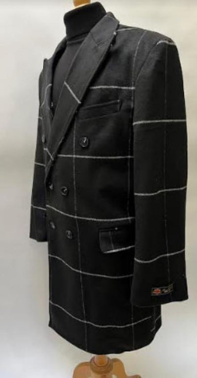 Black Plaid Windowpane Double Breasted Topcoat