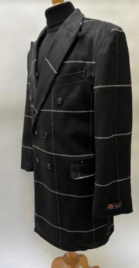 Black Plaid Windowpane Double Breasted Topcoat