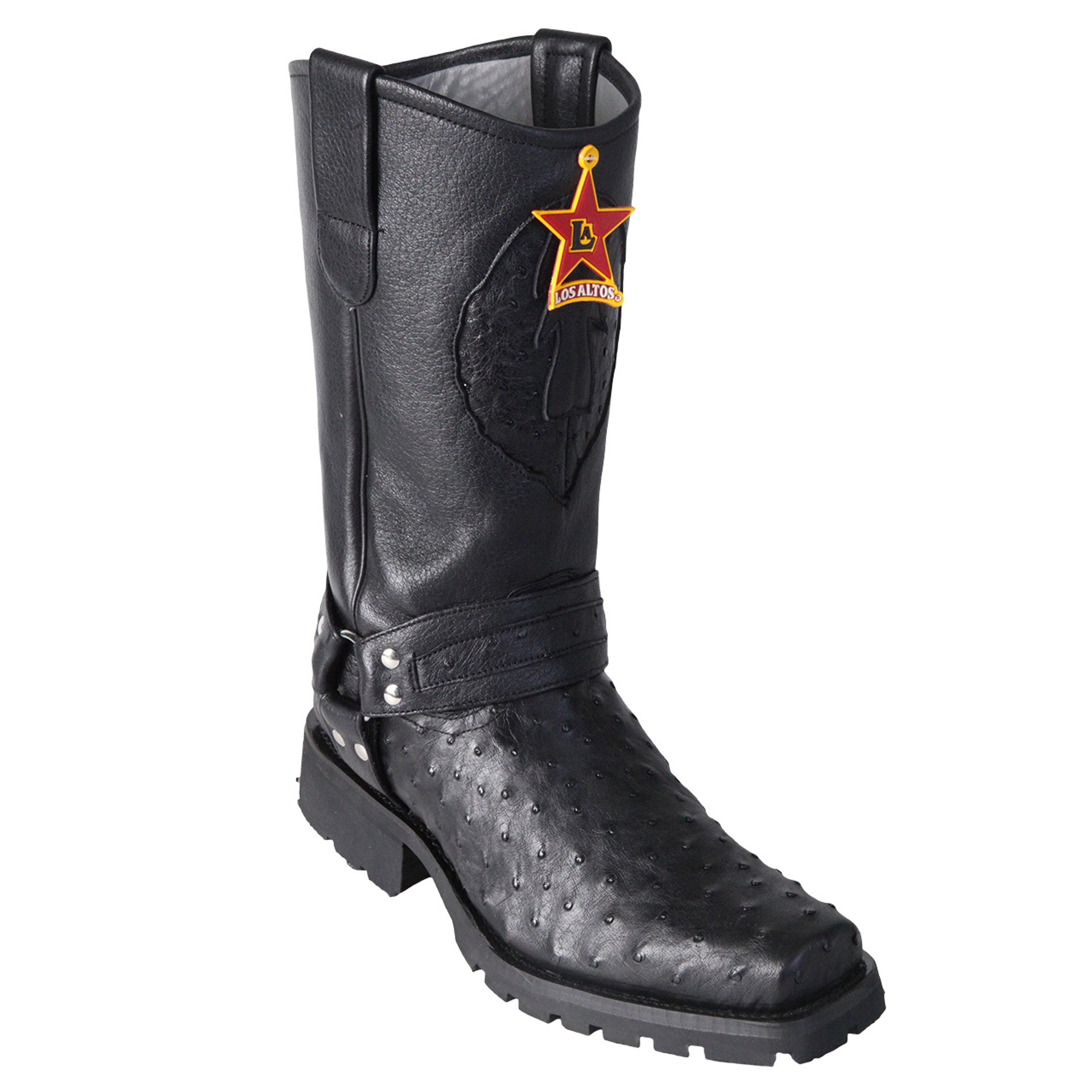 Men's Black Full Quill Ostrich Biker Boots