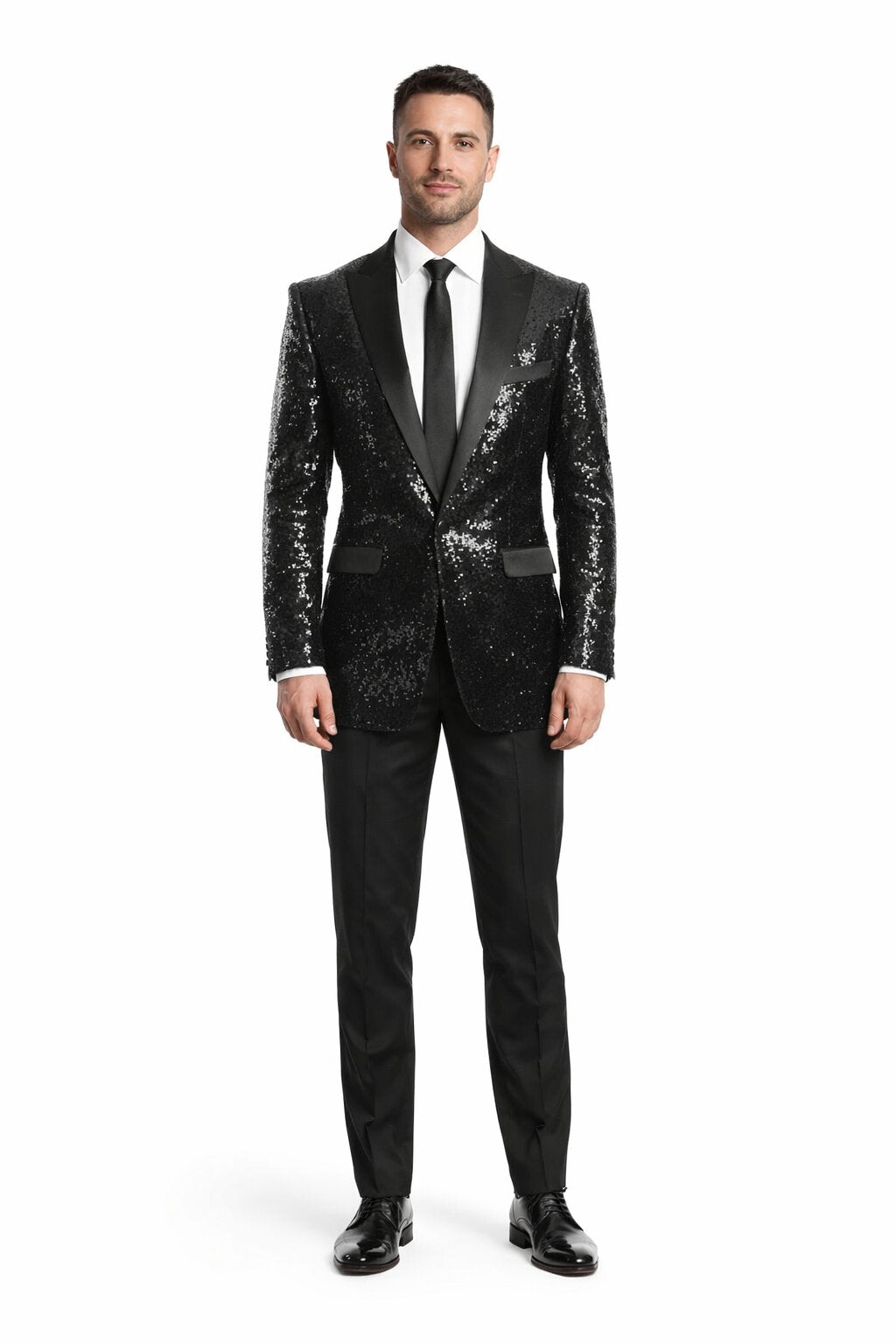 Black Sequin Tuxedo Blazer by Rossiman