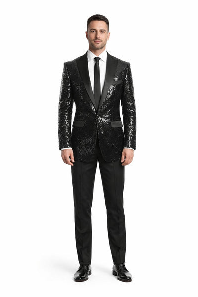 Black Sequin Tuxedo Blazer by Rossiman