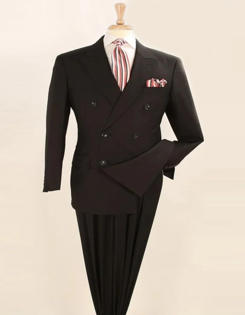 Double Breasted Pleated Wool Suit - Black