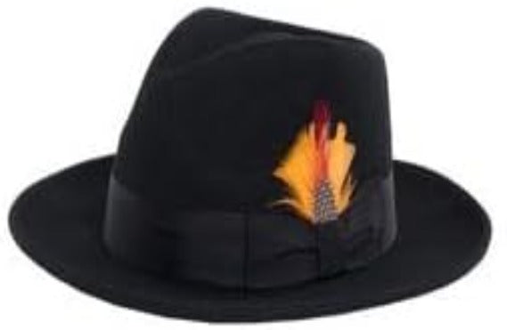 Gangster 100% Australian Wool Crushable Mens Fedora Hat - Removable Feather Gangster Black and Grey Mens Fedora Hat