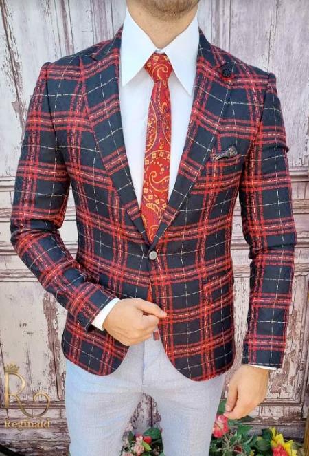 Red Tartan Plaid Mens Blazer by Alligator Warehouse