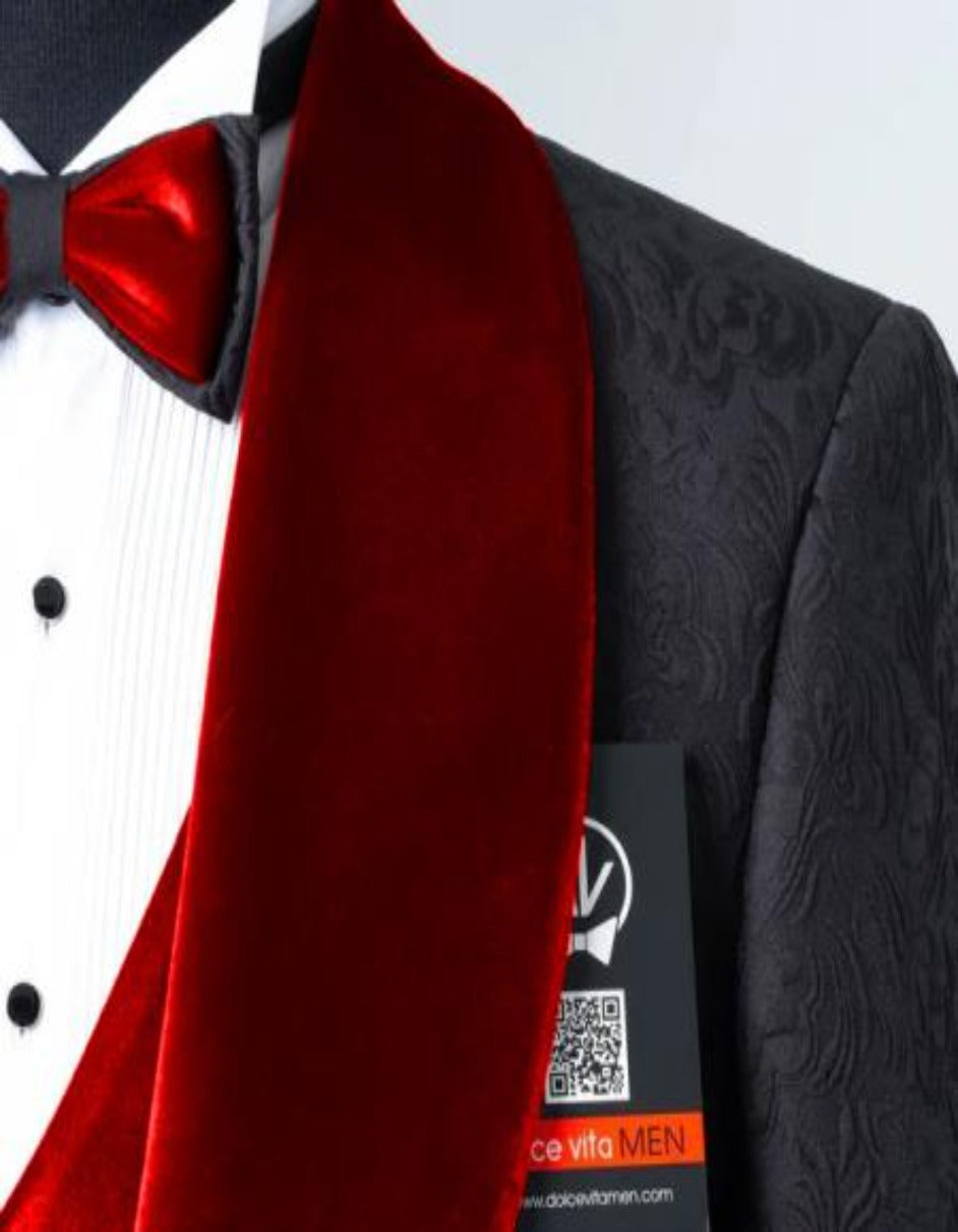 Black Tuxedo with Red Velvet Lapel - Three Piece