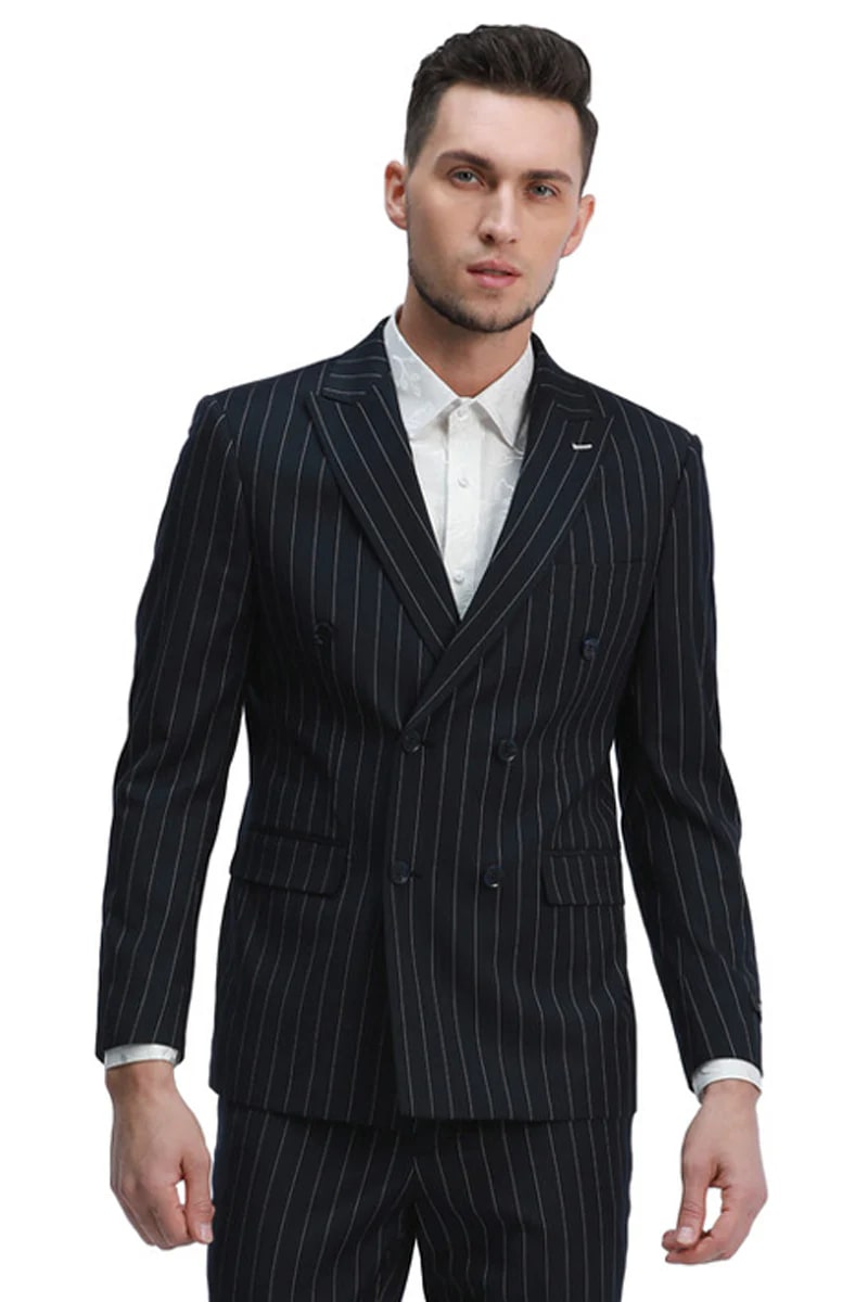 Slim Fit Double Breasted Gangster Pinstripe Suit