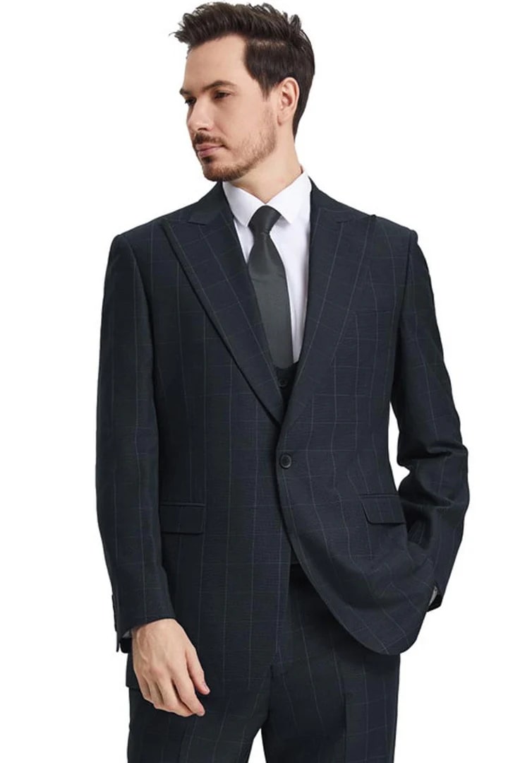 Stacy Adams Black Windowpane Suit with Vest