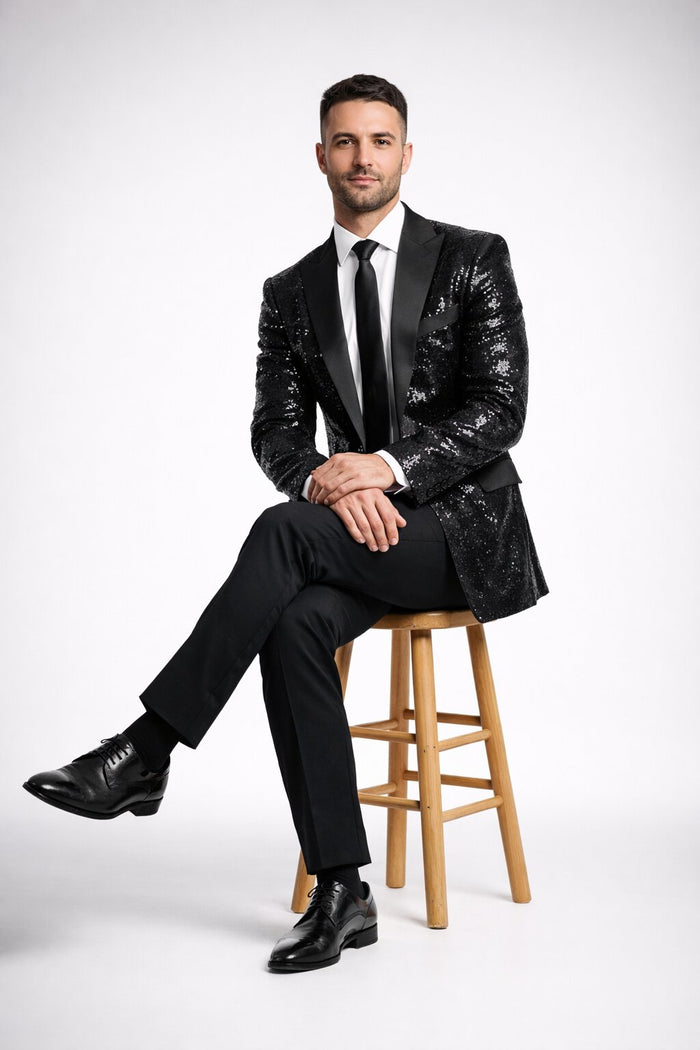 Black Sequin Tuxedo Blazer by Rossiman