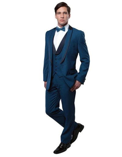 Navy Wool Peak Lapel 1-Button Tuxedo with Vest