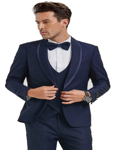 Navy Blue Prom Suit with Satin Trim Tuxedo