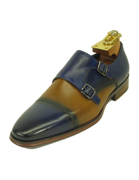 Men's Fashionable Carrucci Blue/Tan Two Buckle Slip On Style Due Tone Shoes