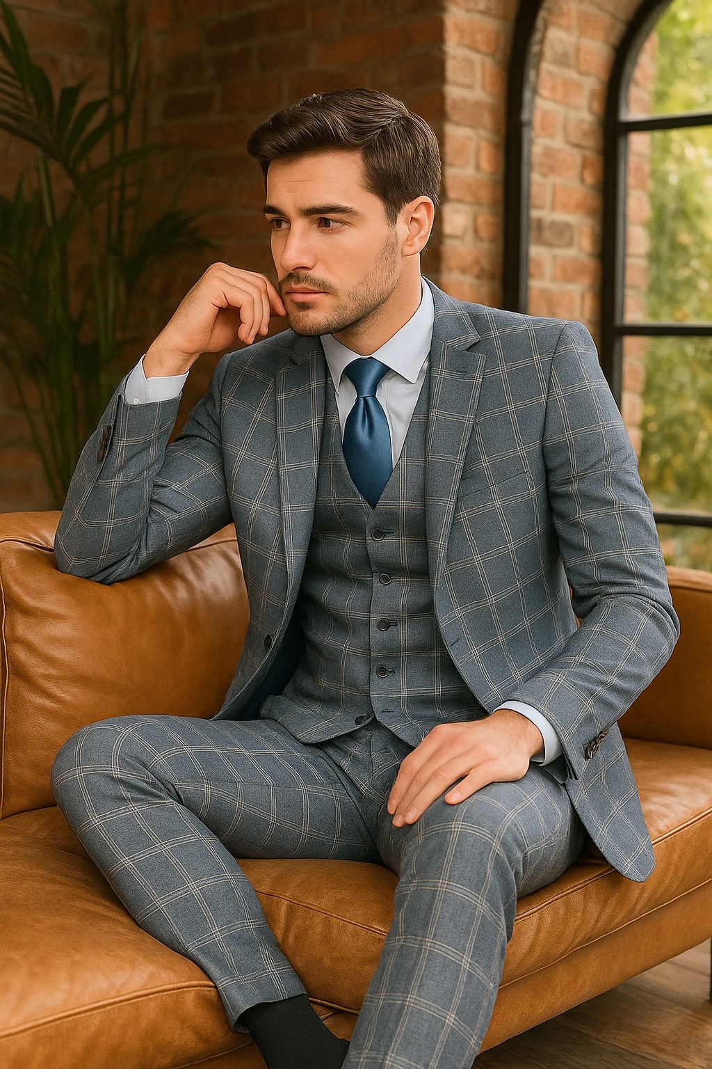 Blue Windowpane Slim 3 Piece Suit - Stretch Fit