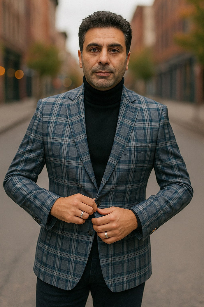 Blue & Grey Windowpane Plaid Blazer for Men