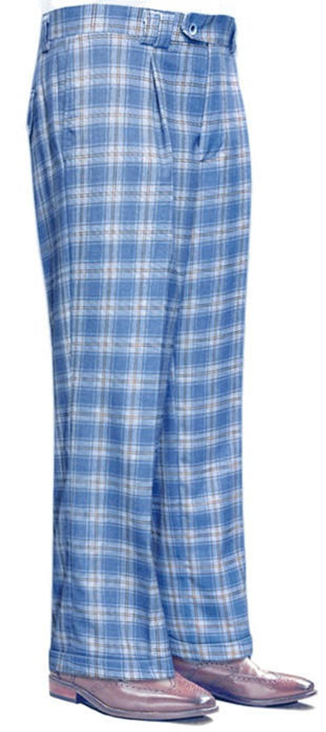 Blue Plaid Wool Wide Leg Pants for Men
