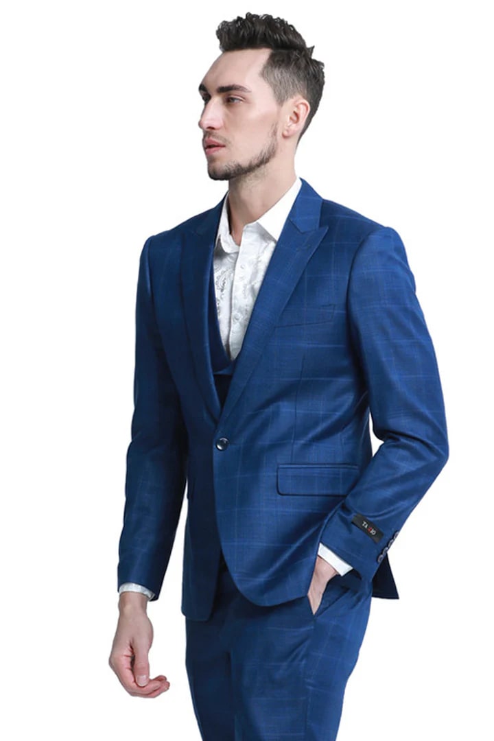 Men's Blue Plaid One Button Suit with Double Breasted Vest