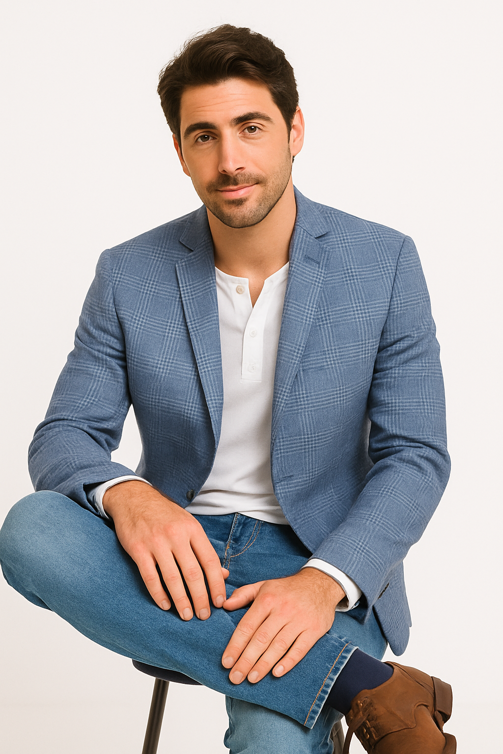 Mens Plaid Blazer - Windowpane Blazer - Textured Pattern - Blue