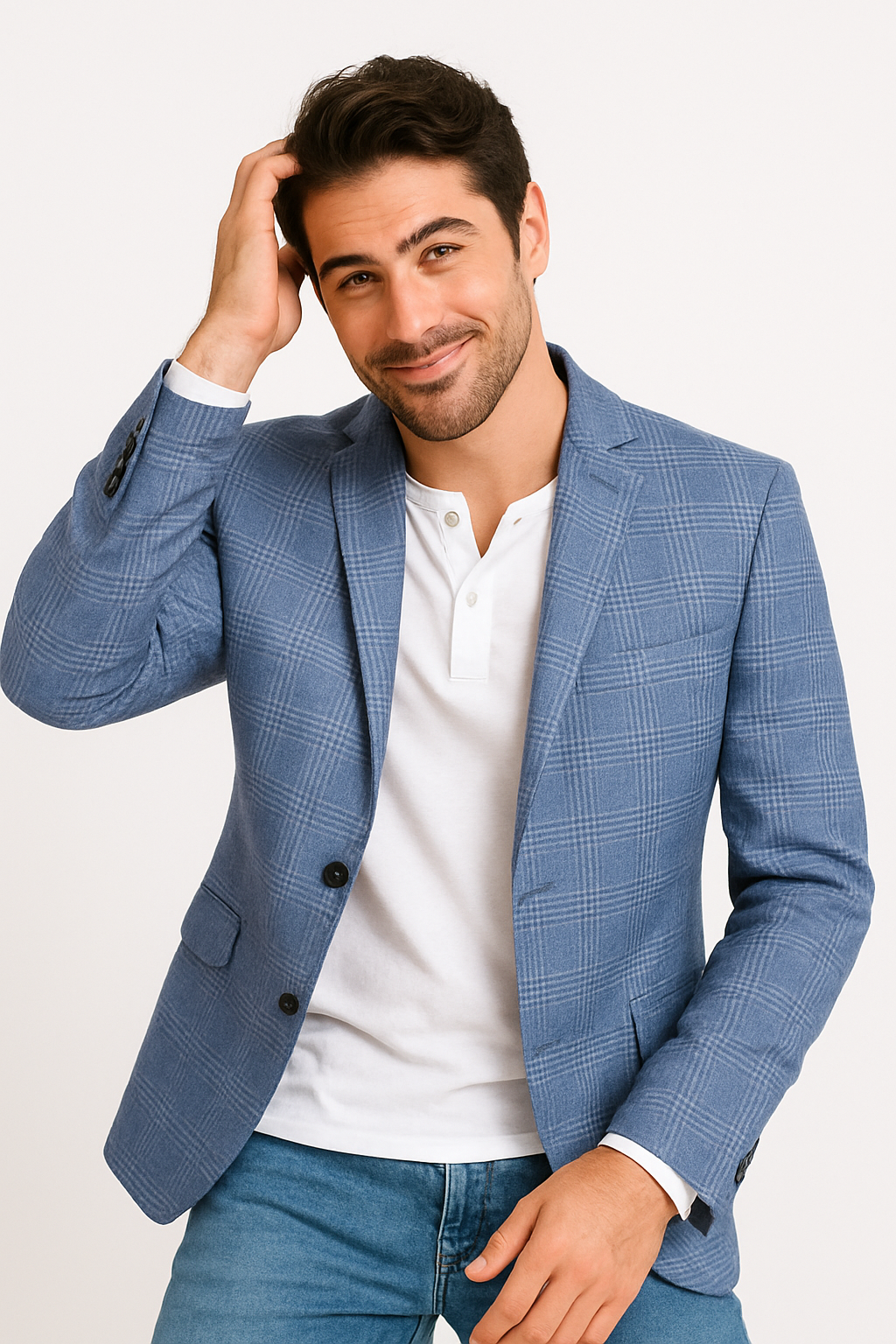 Mens Plaid Blazer - Windowpane Blazer - Textured Pattern - Blue