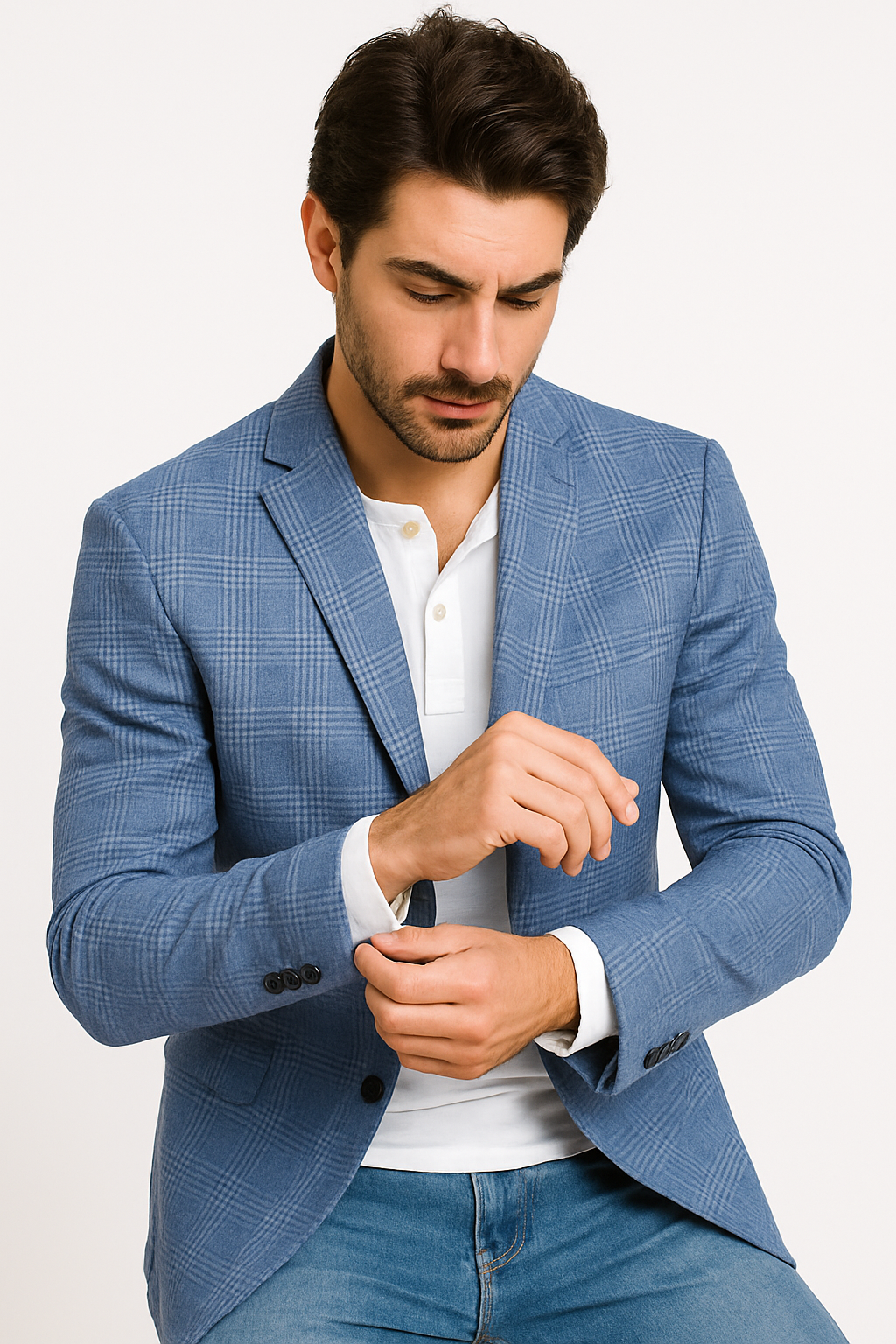 Mens Plaid Blazer - Windowpane Blazer - Textured Pattern - Blue