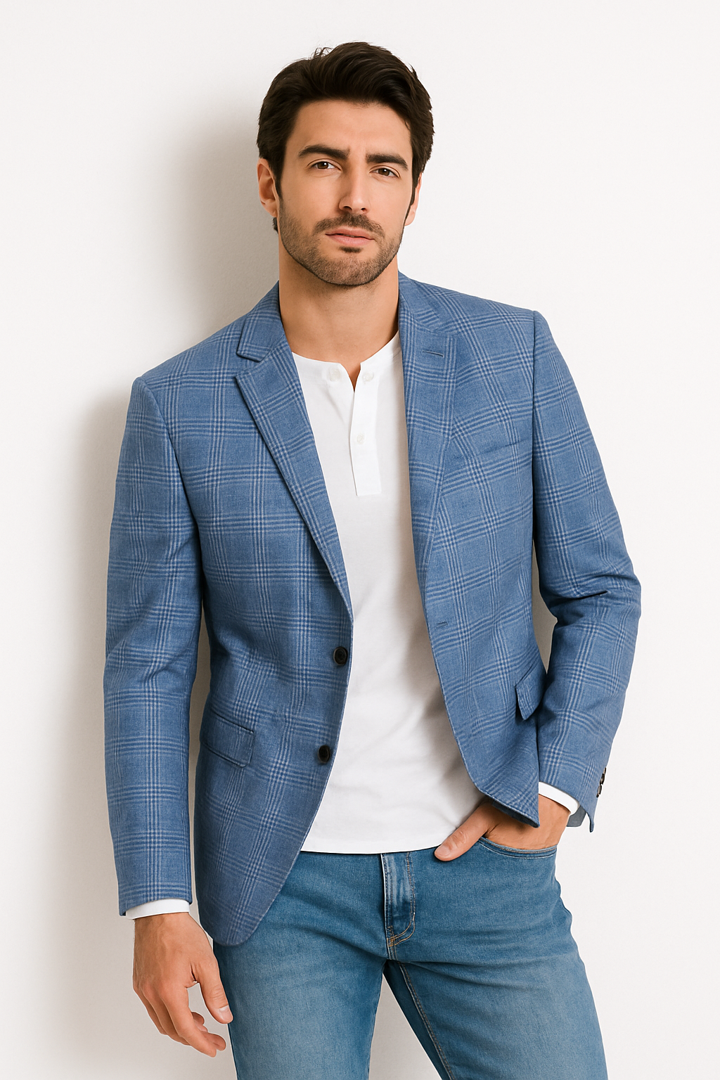 Mens Plaid Blazer - Windowpane Blazer - Textured Pattern - Blue