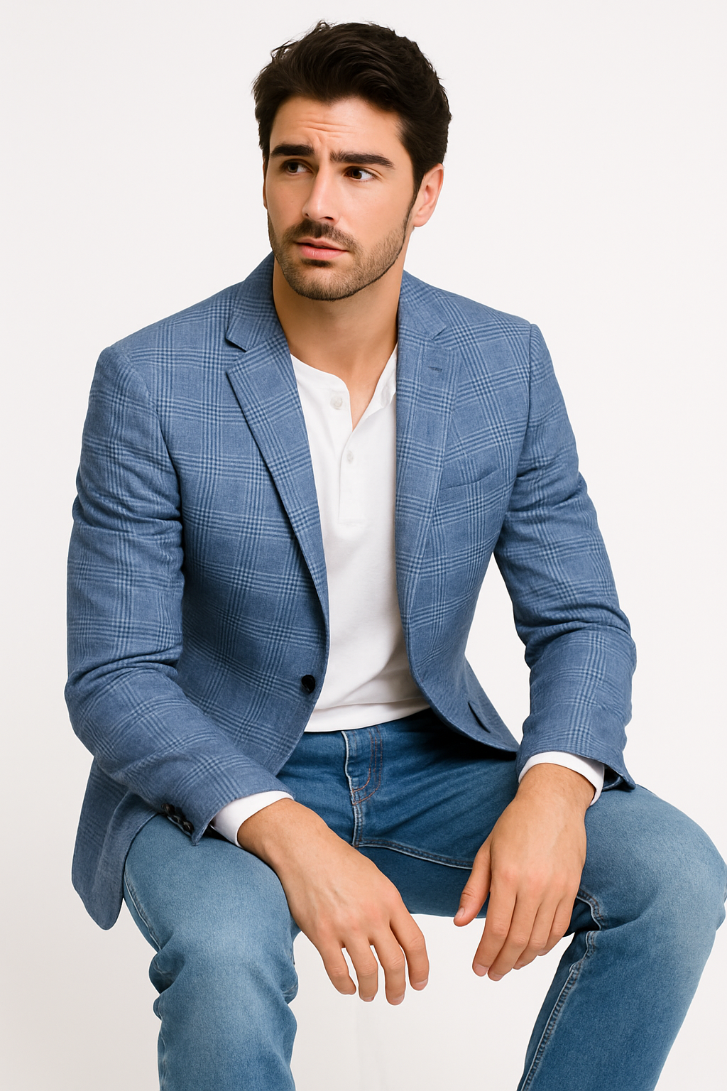 Mens Plaid Blazer - Windowpane Blazer - Textured Pattern - Blue