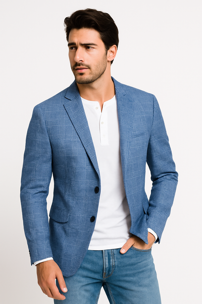 Mens Plaid Blazer - Windowpane Blazer - Textured Pattern - Blue