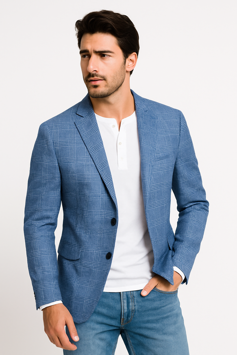 Mens Plaid Blazer - Windowpane Blazer - Textured Pattern - Blue