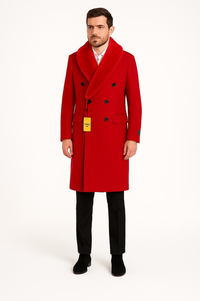 Double Breasted Red Overcoat with Faux Fur Collar
