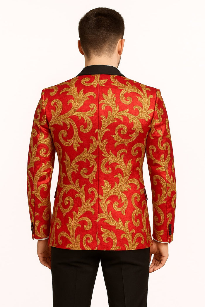 Men's Red and Gold Baroque Tuxedo Jacket with Black Satin Shawl Lapel