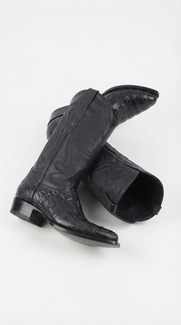 Men’s Black Alligator Print Snip Toe Boots, Exotic Western Cowboy Dress Boots