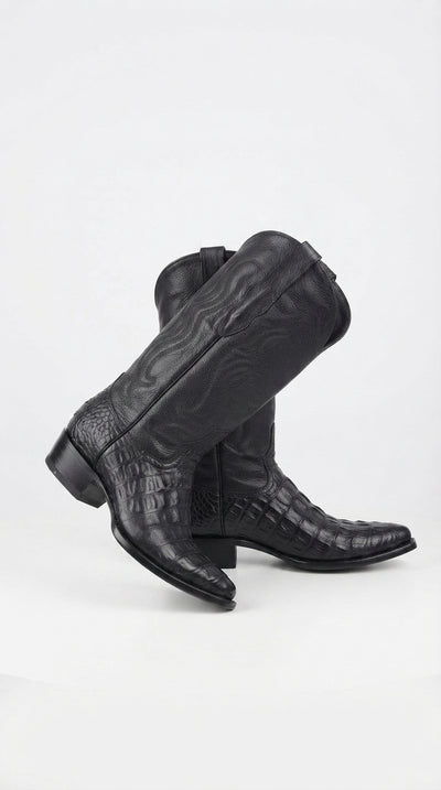 Men’s Black Alligator Print Snip Toe Boots, Exotic Western Cowboy Dress Boots