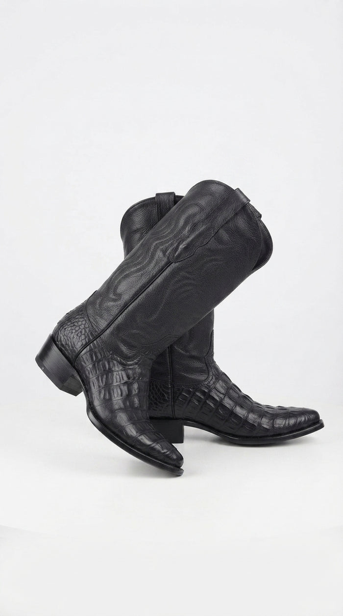 Men’s Black Alligator Print Snip Toe Boots, Exotic Western Cowboy Dress Boots