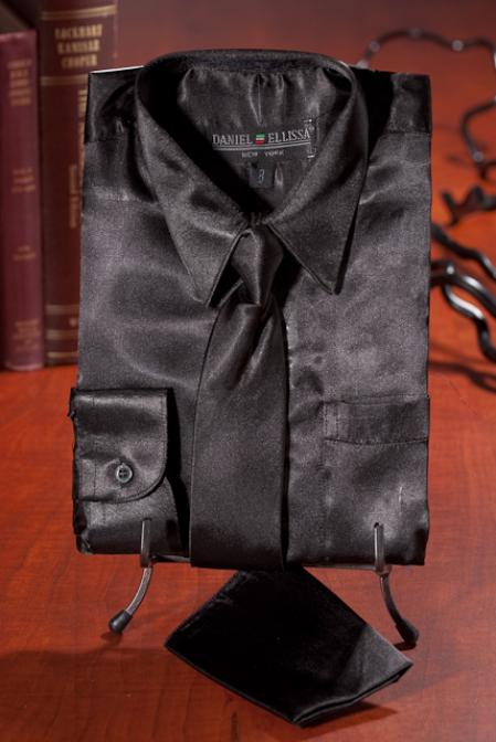 Boys Black Satin Combo Men's Dress Shirt