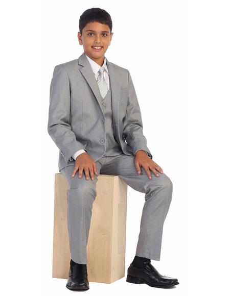 Kids Boy's Two Buttons 5 Piece Set Cotton Blend Light Gray Formal Suit Perfect for wedding attire outfits - Toddler Suit
