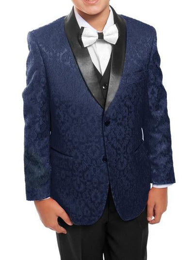 Boys 3 Piece Dark Navy/Black Satin Shawl Collar Floral Pattern Tuxedo Set With Free Matching Shirt & Bow Tie