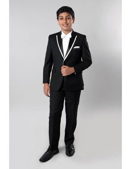Boy's Kids Sizes 2 Piece Black Tuxedo - Satin Lapel with Fabric Trim Perfect for toddler Suit wedding attire outfits