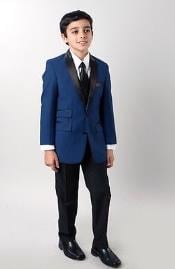 4 piece Boys Slim fit style Kids Sizes Tuxedo Blue with vest and Pants Shawl Colar Perfect for toddler Suit wedding attire outfits