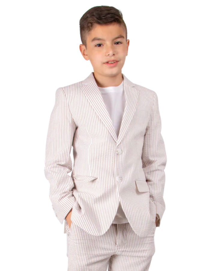 Boys 2 Button Seersucker Suit in Tan