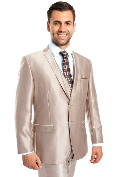 Two Button Shiny Sharkskin Suit in Champagne