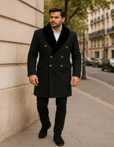 Double-Breasted Overcoat with Faux Fur Collar