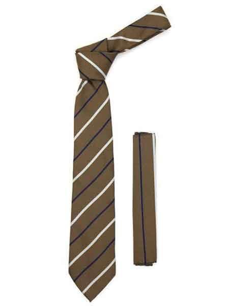 Brown Microfiber Fashionable Baby Blue Striped NeckTie With Hankie Set - Men's Neck Ties - Mens Dress Tie - Trendy Mens Ties