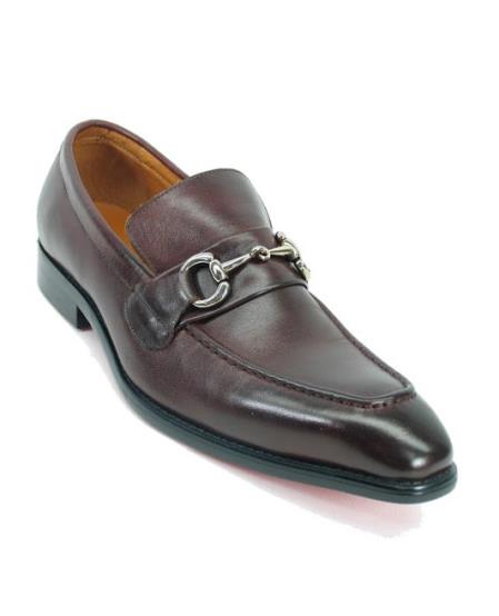 Men's Fashionable Carrucci Slip On Brown Leather Style Shoe With Silver Buckle