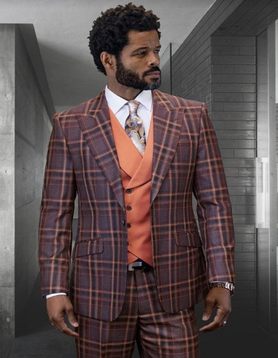 Modern Brown Plaid Wool Suit with Rust Windowpane