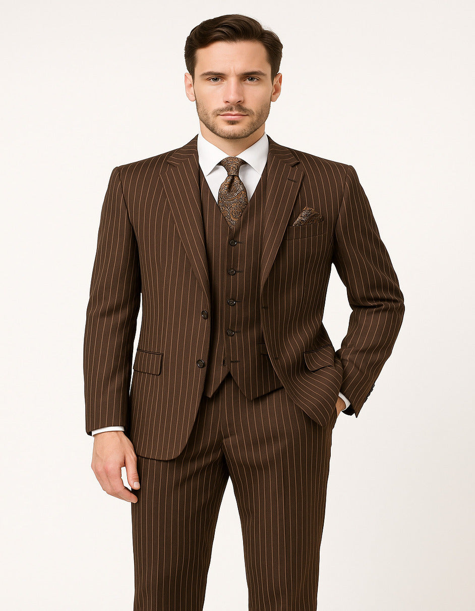 Brown Pinstripe 3-Piece Classic Suit