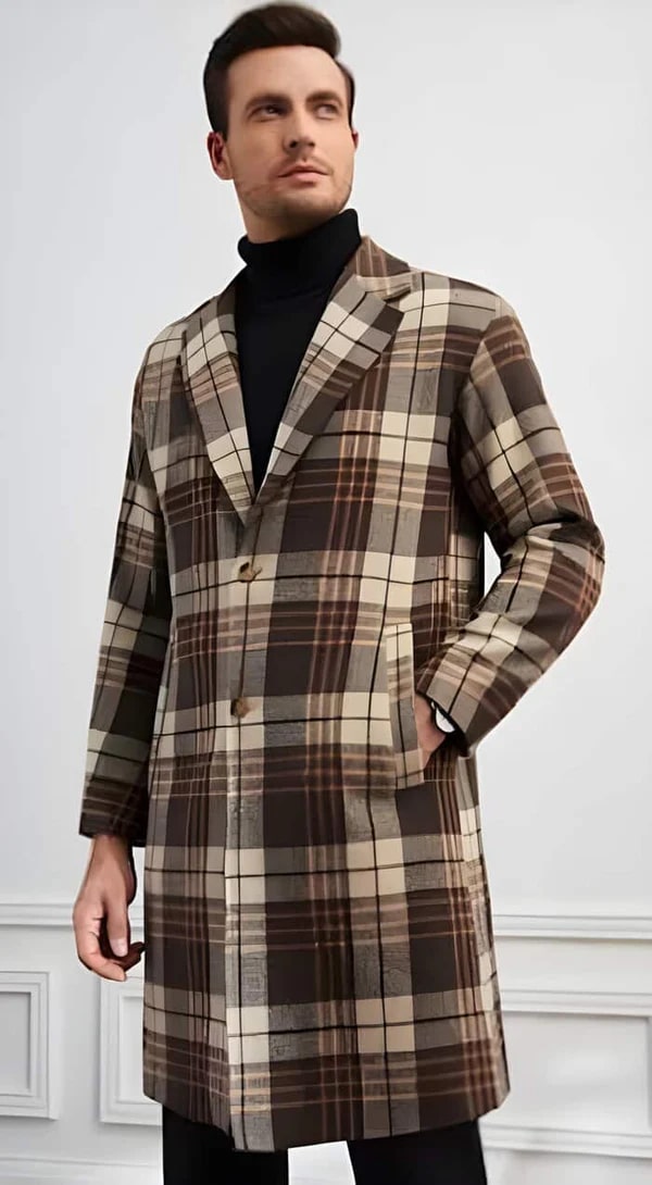 Men's Multicolor Houndstooth Plaid Overcoat
