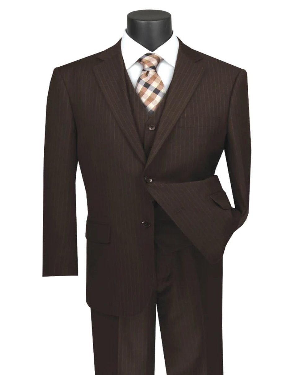 Classic Fit Vested Banker Brown Pinstripe Suit