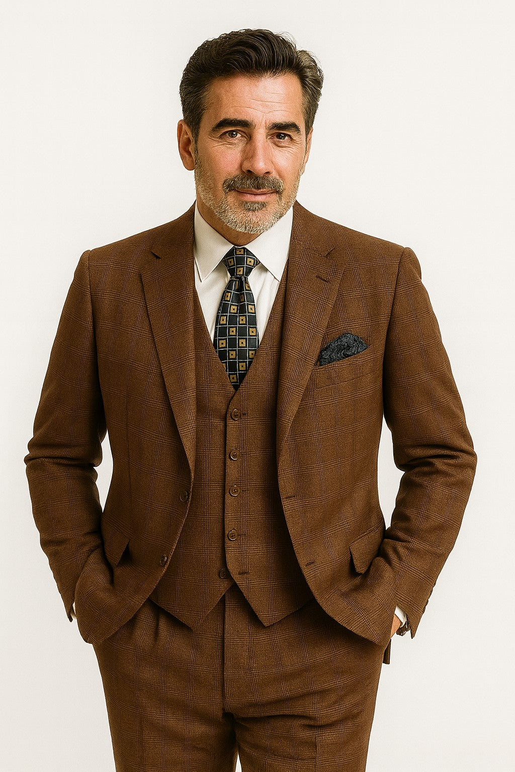 Men's Brown Plaid 3 Piece 1920s Fashion Suit Scoop Vest