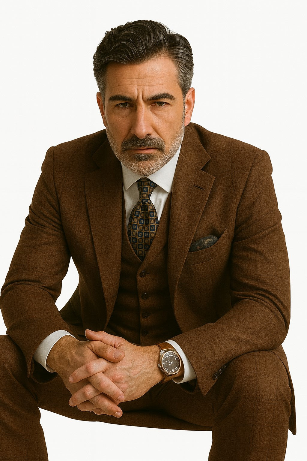 Men's Brown Plaid 3 Piece 1920s Fashion Suit Scoop Vest